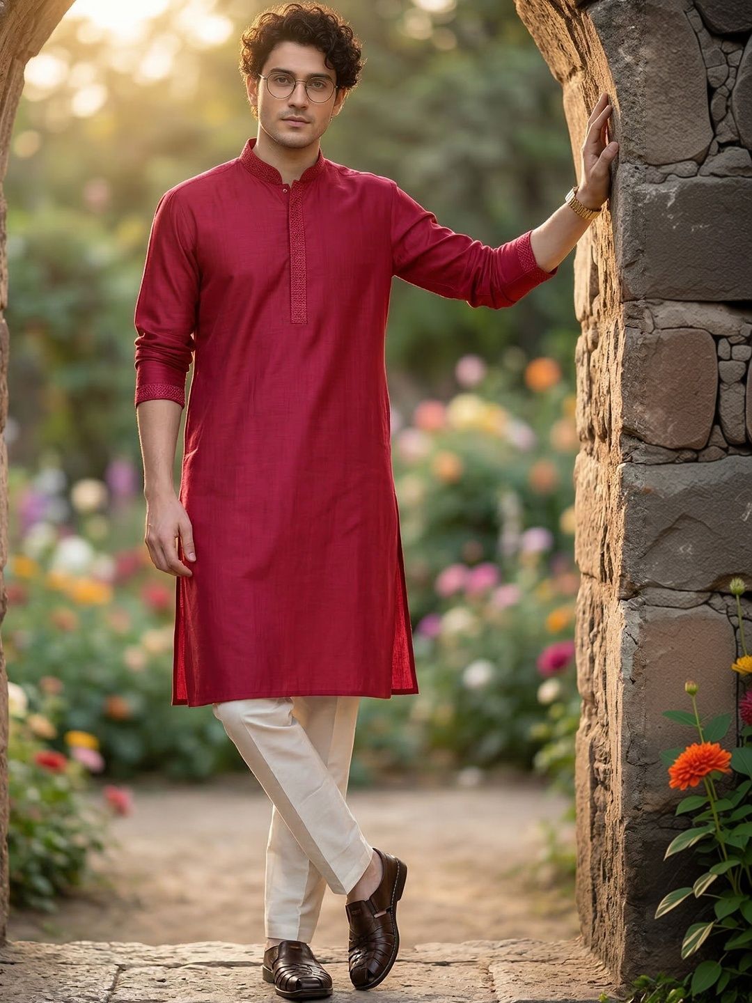 Anouk Men Button Patti Embroidery Straight Kurta