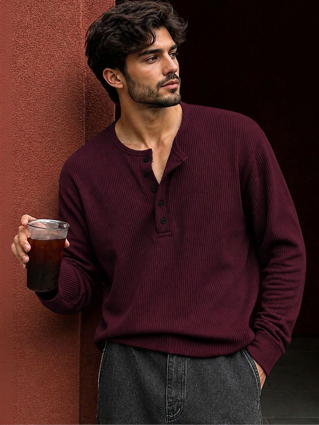HOODLER Men Henley Neck T-shirt