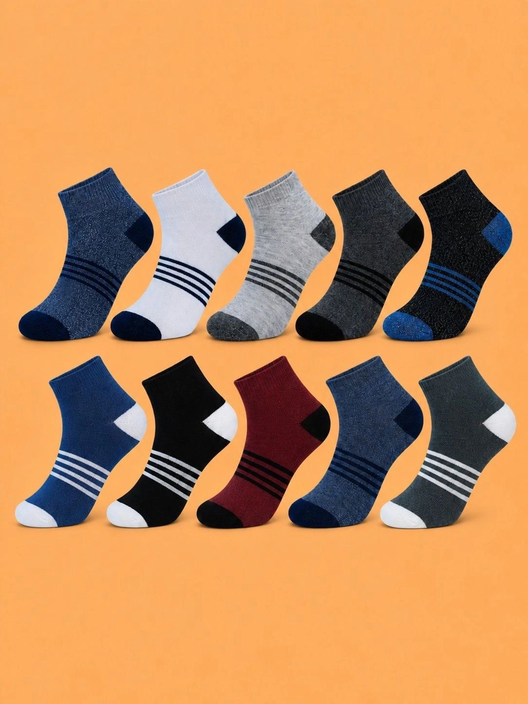 ADDOSSO Men Pack of 10 Cotton Assorted Striped Ankle Length Socks