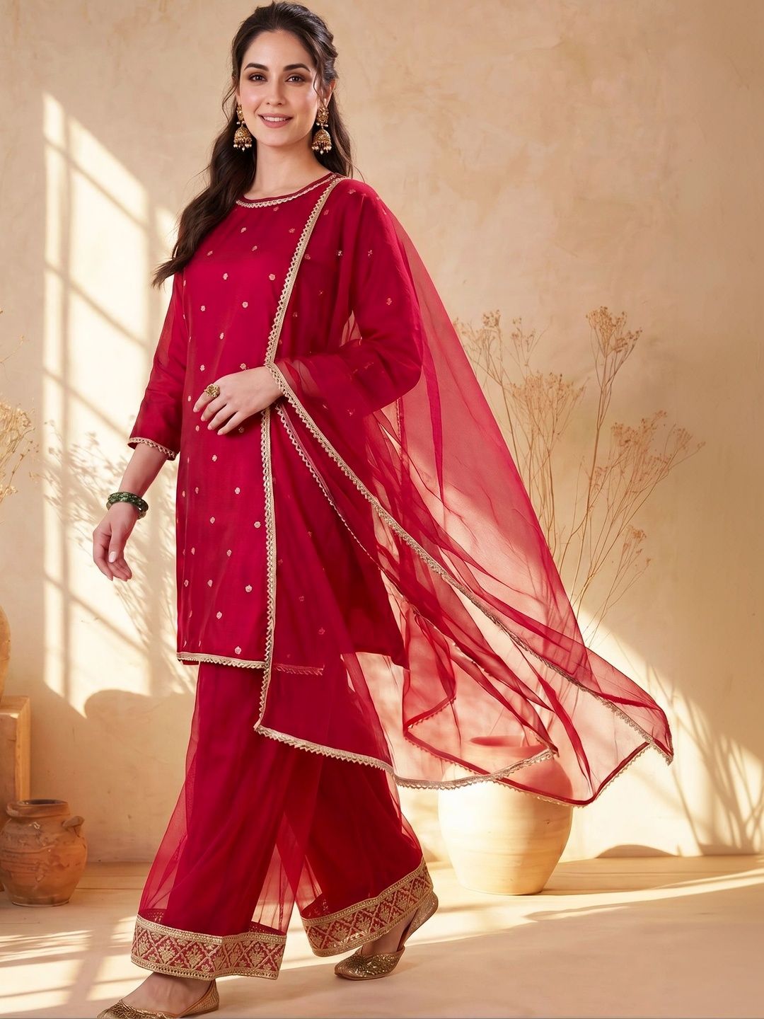 AVANSHEE Women Ethnic Motifs Embroidered Regular Kurta with Palazzos & With Dupatta