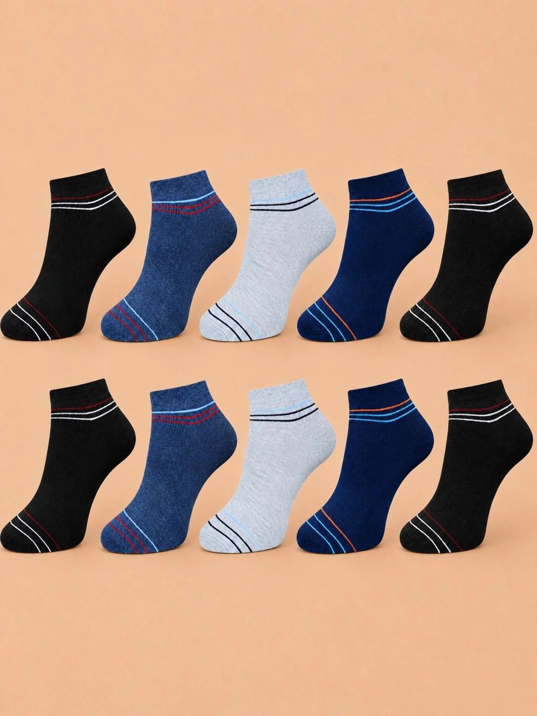 ADDOSSO Men Pack of 10 Cotton Assorted Striped Ankle Length Socks
