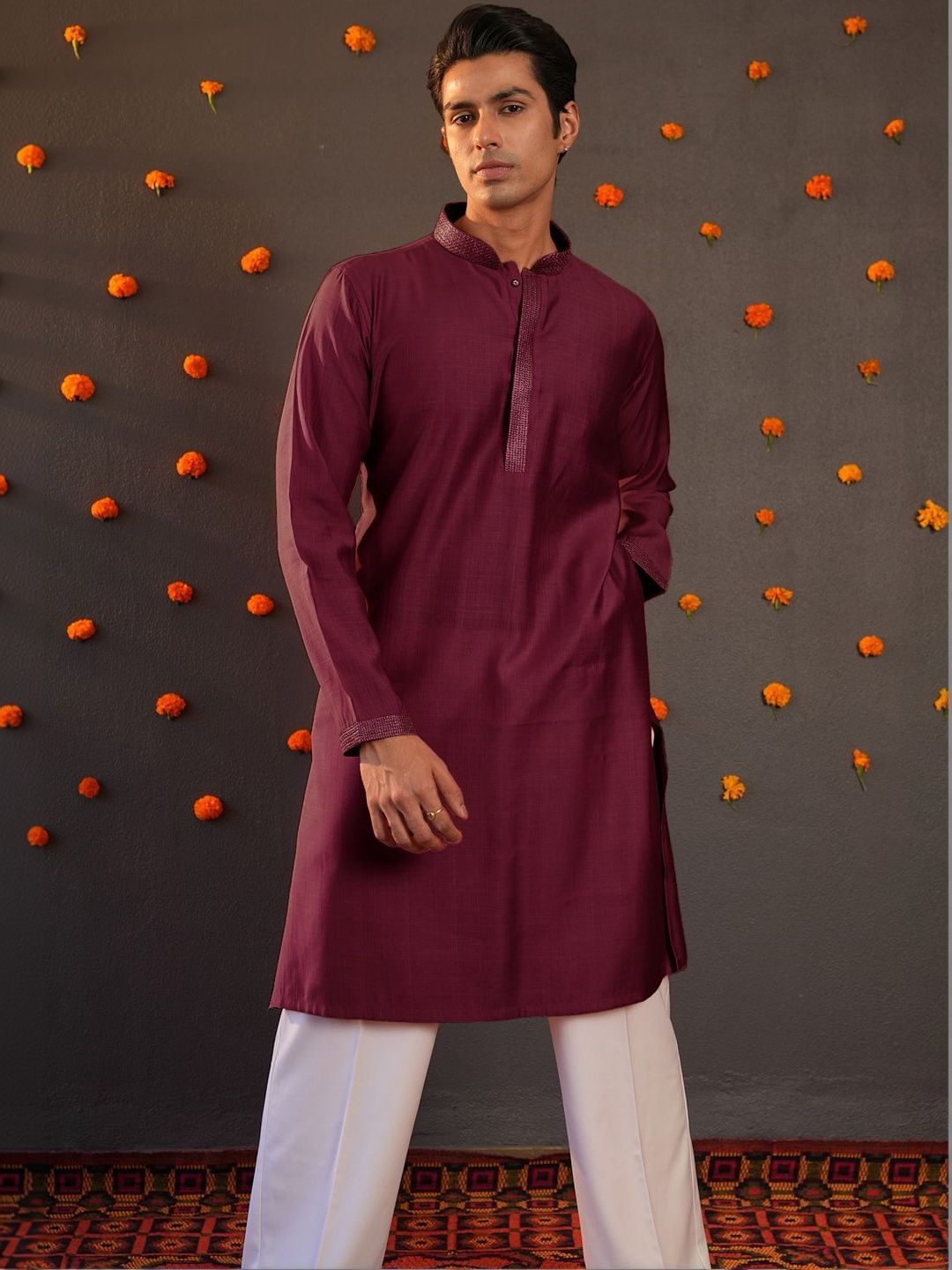 Anouk Men Button Patti Embroidery Straight Kurta