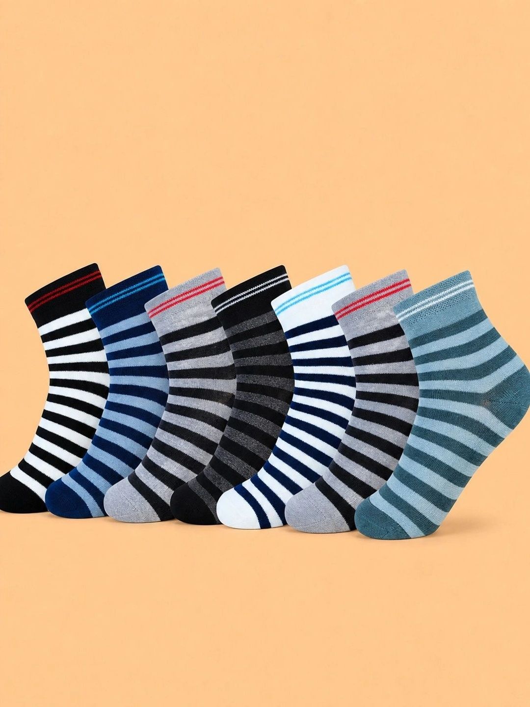 ADDOSSO Men Pack of 7 Cotton Assorted Striped Ankle Length Socks