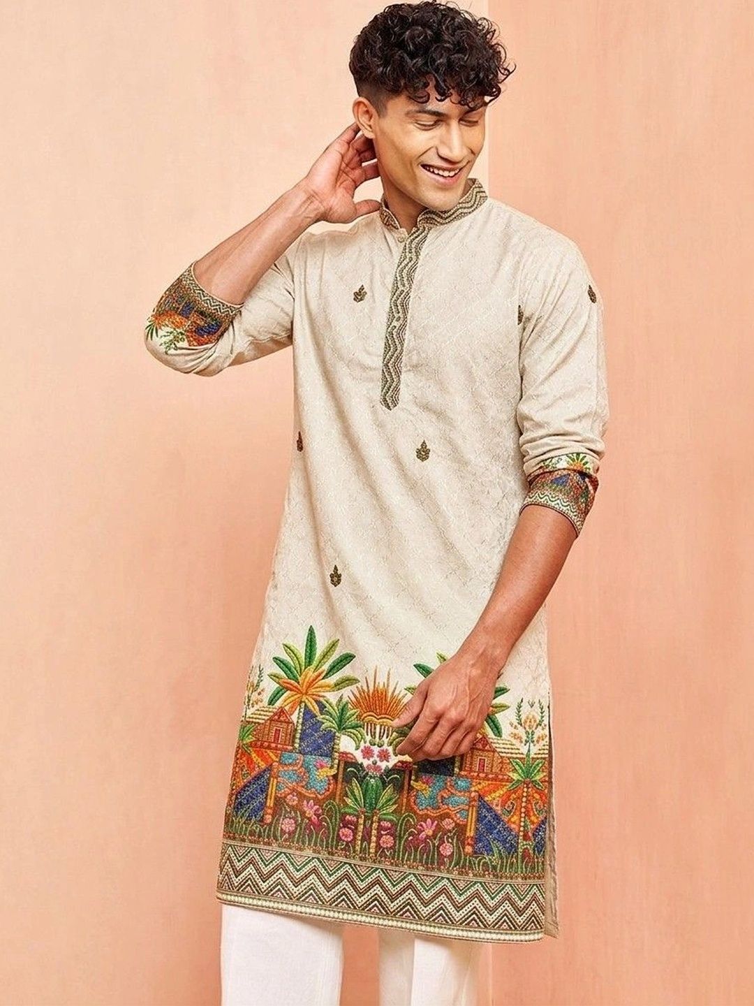 VELKYNOX Men Ethnic Motifs Embroidered Thread Work Kurta