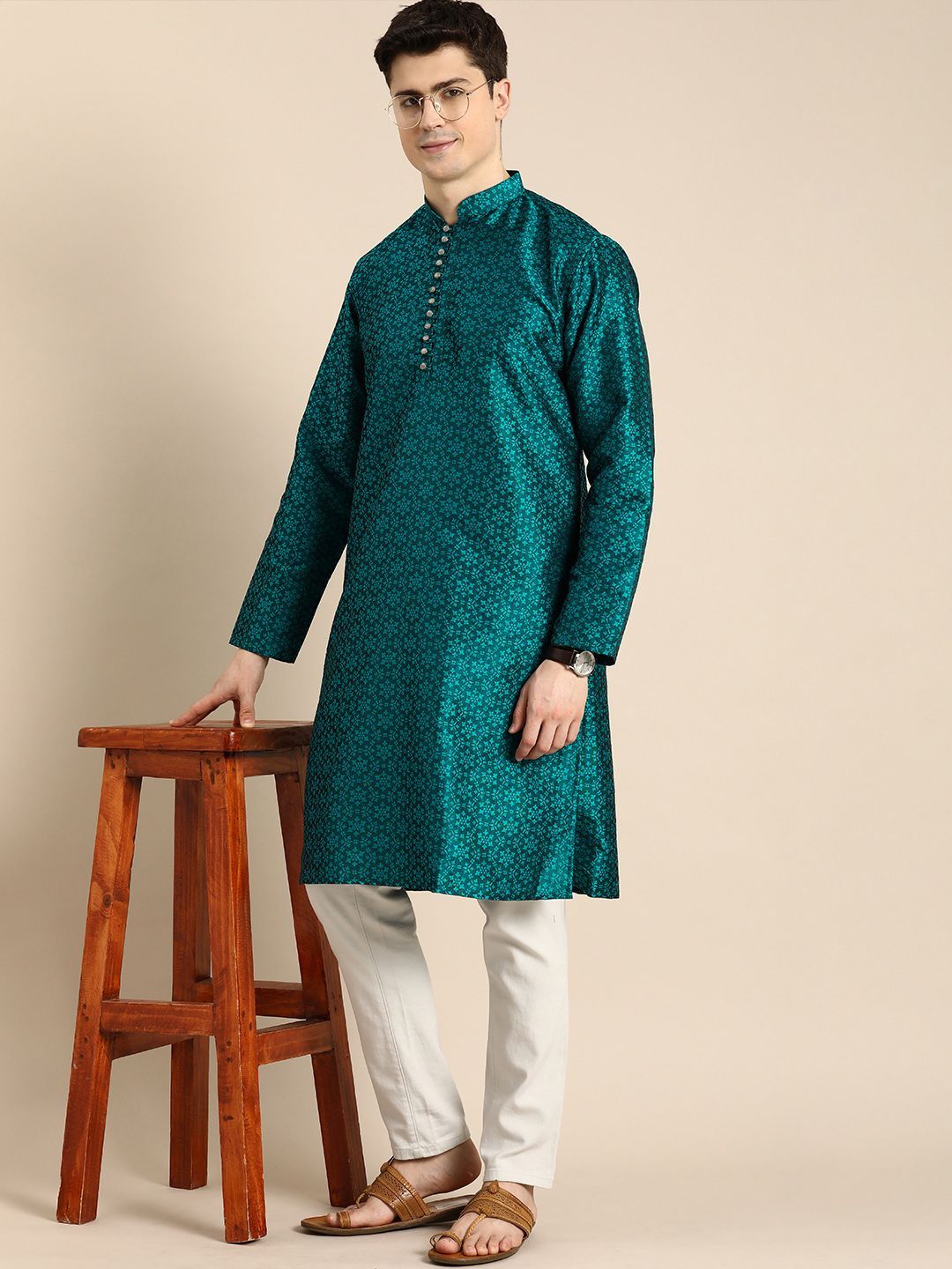 Anouk Men Floral Jacquard Knee Length Straight Kurta