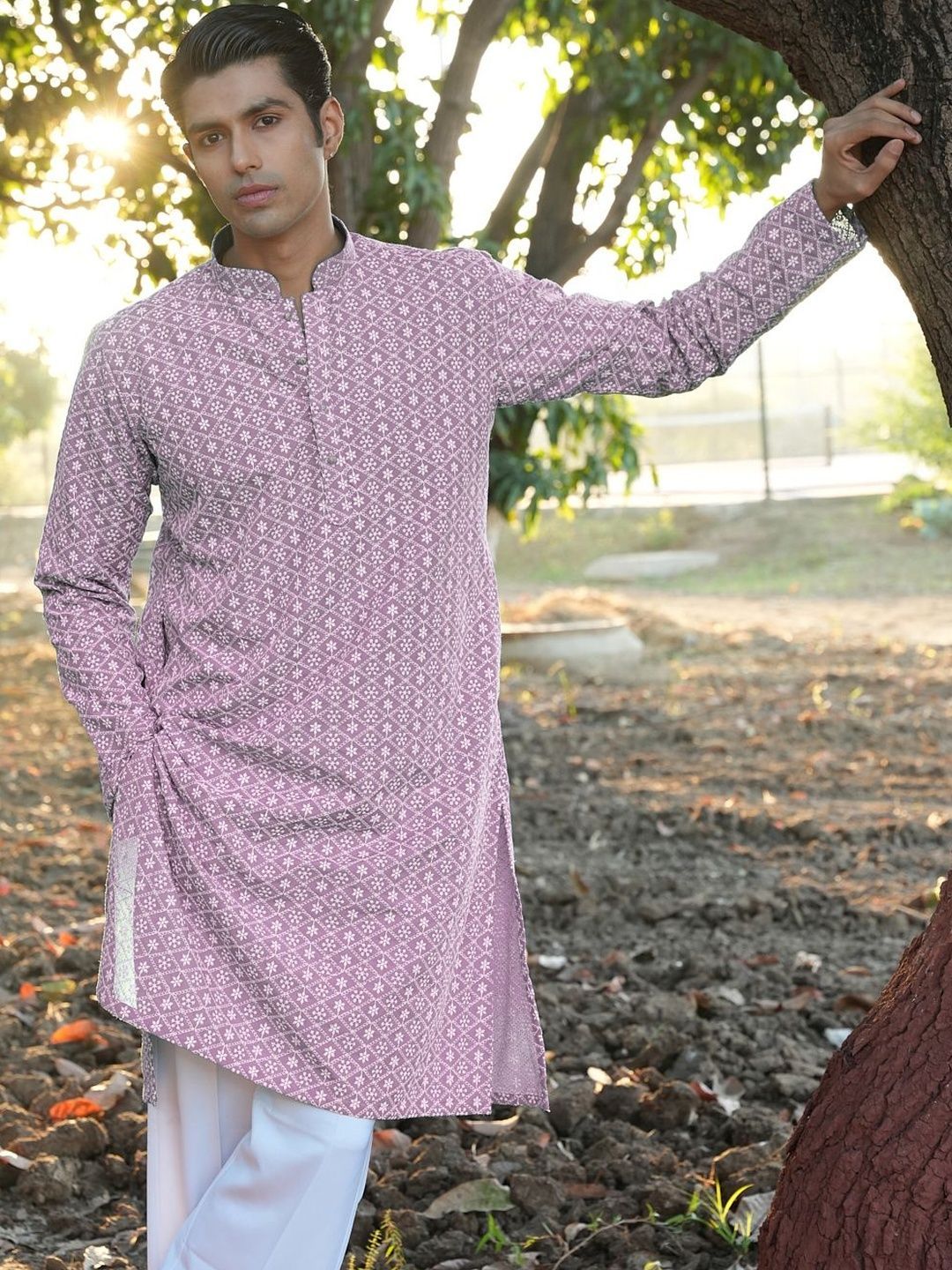 Anouk Men Geometric Embroidery Knee Length Straight Kurta