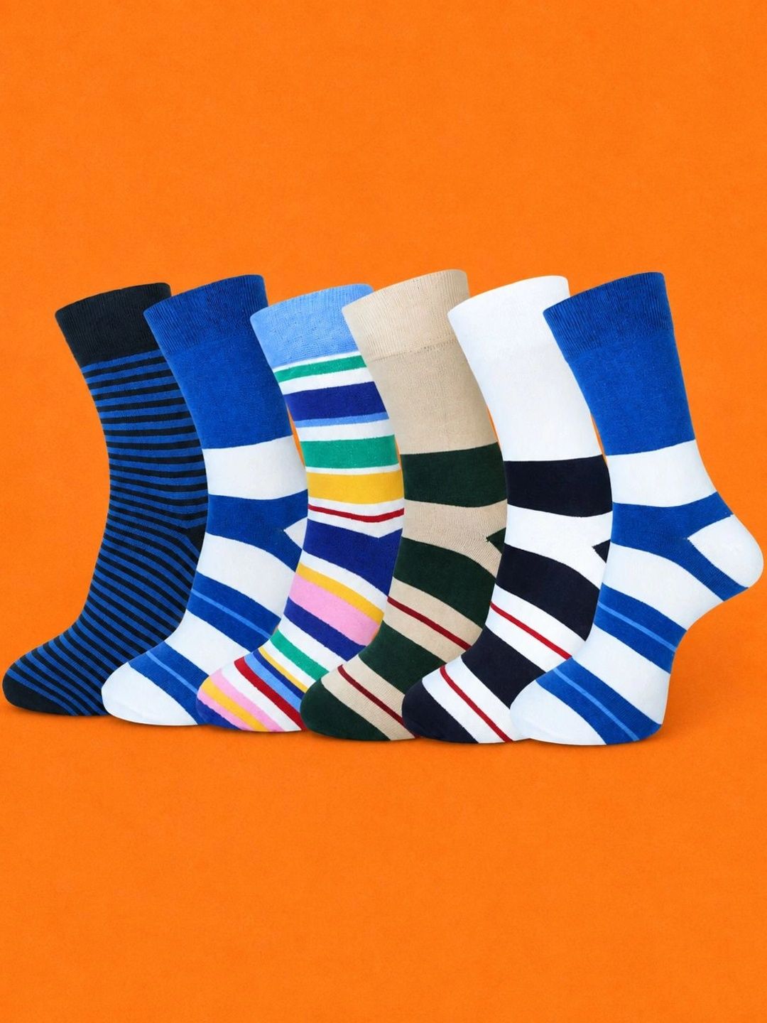 ADDOSSO Men Pack of 6 Cotton Assorted Striped Calf Length Socks