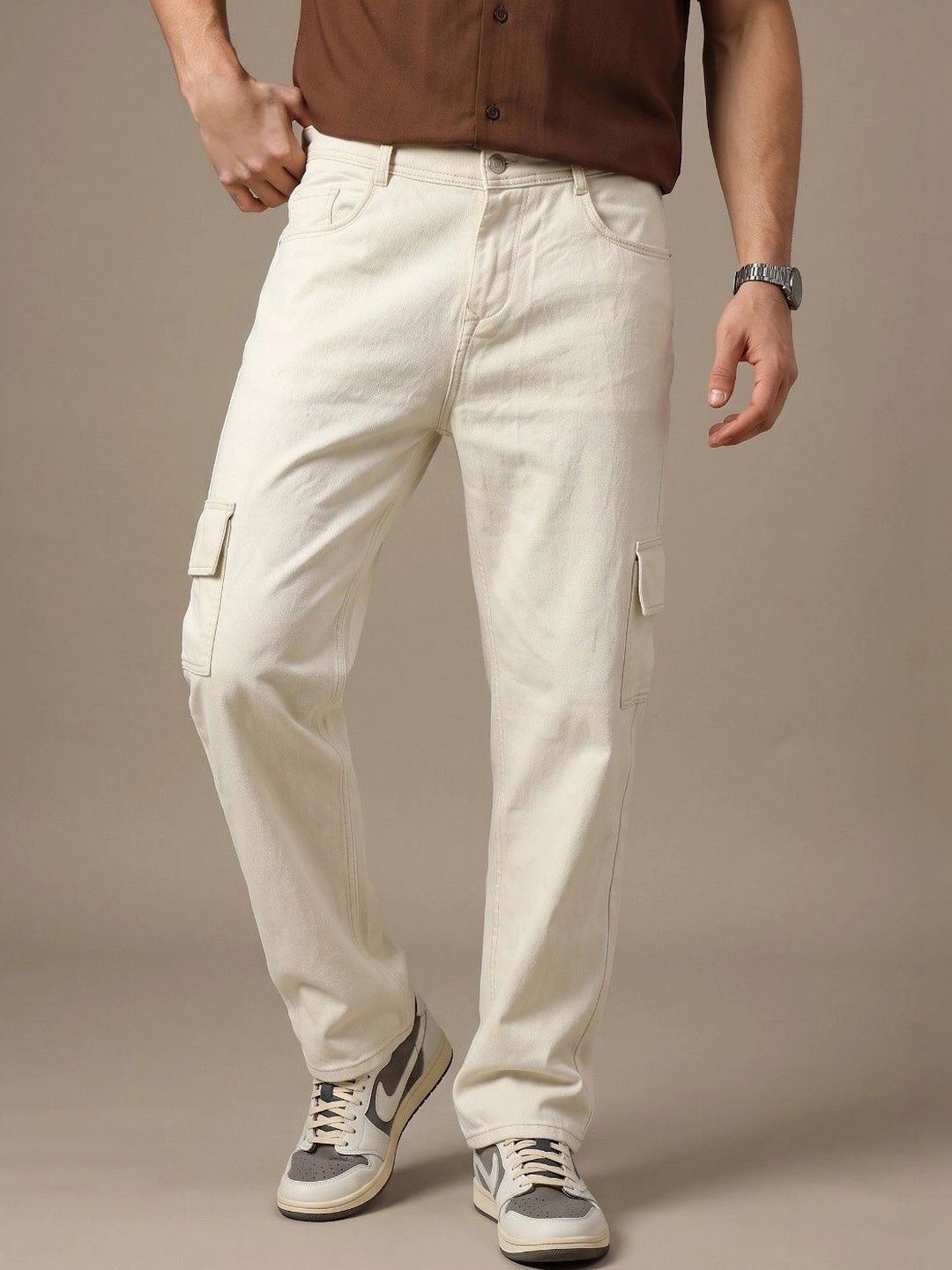 MaverIQ Light Beige Mid-Rise Regular Fit Cargo Jeans