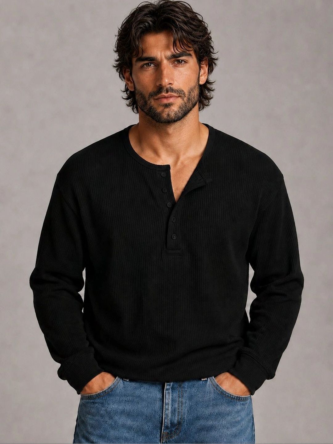 HOODLER Men Henley Neck T-shirt