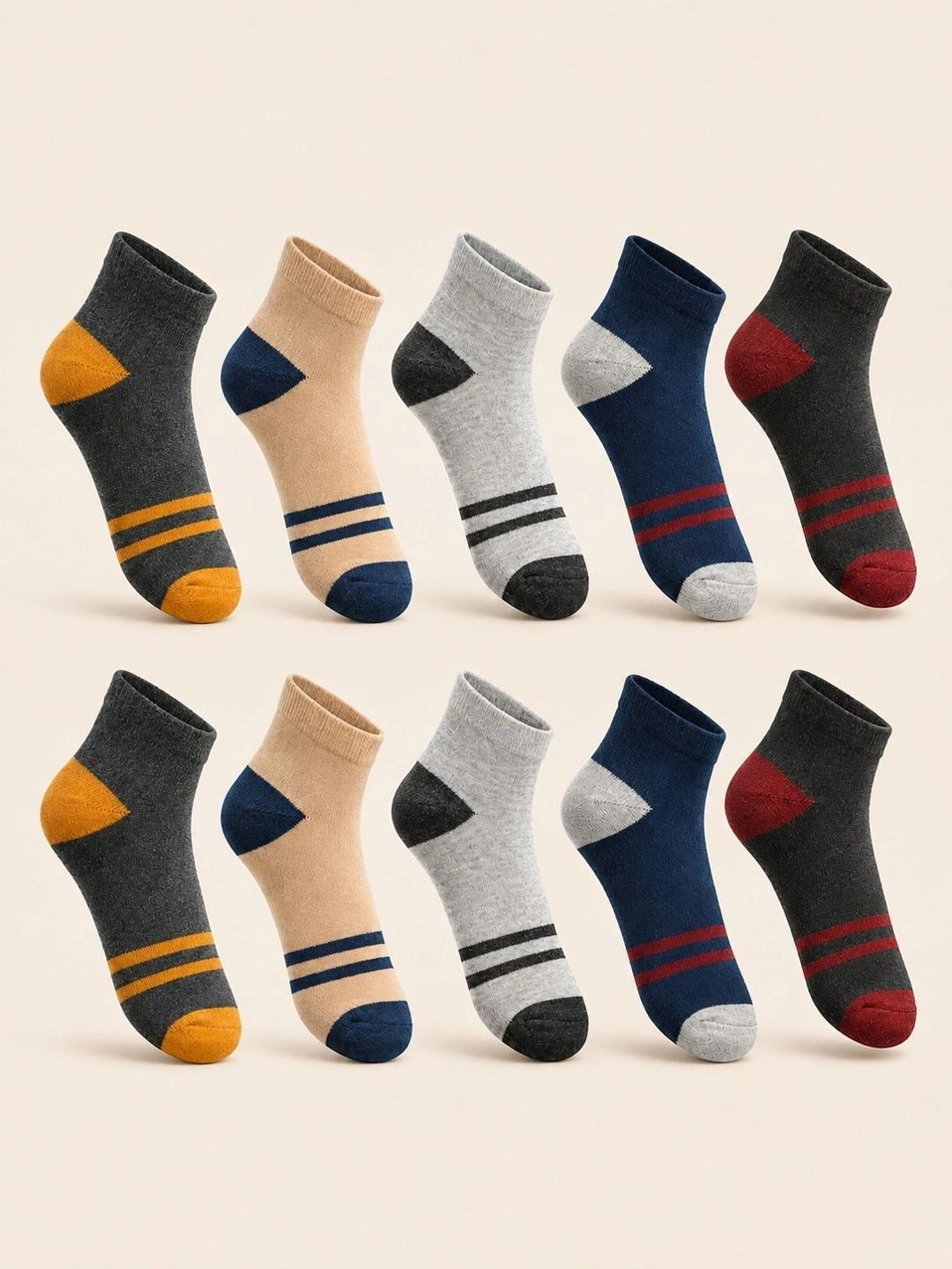ADDOSSO Men Pack of 10 Cotton Assorted Striped Ankle Length Socks