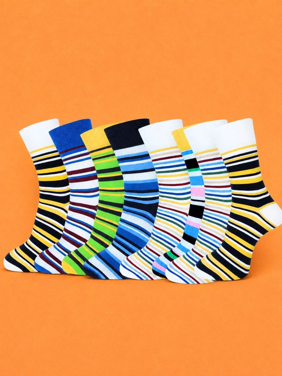ADDOSSO Men Pack of 8 Cotton Assorted Striped Calf Length Socks