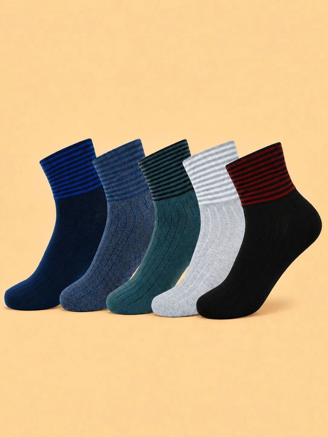 ADDOSSO Men Pack of 5 Cotton Assorted Striped Ankle Length Socks