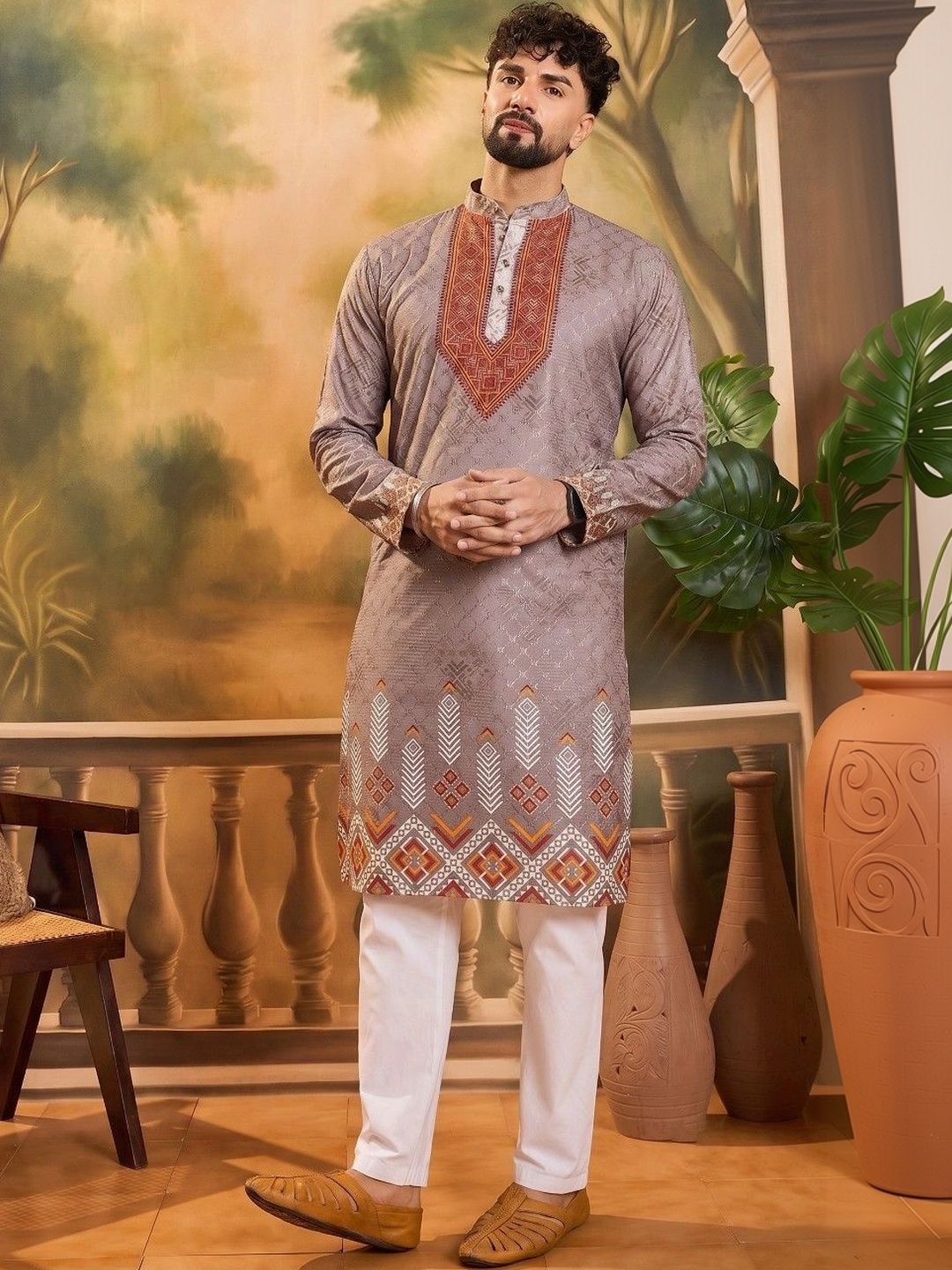 VELKYNOX Men Thread Work Kurta