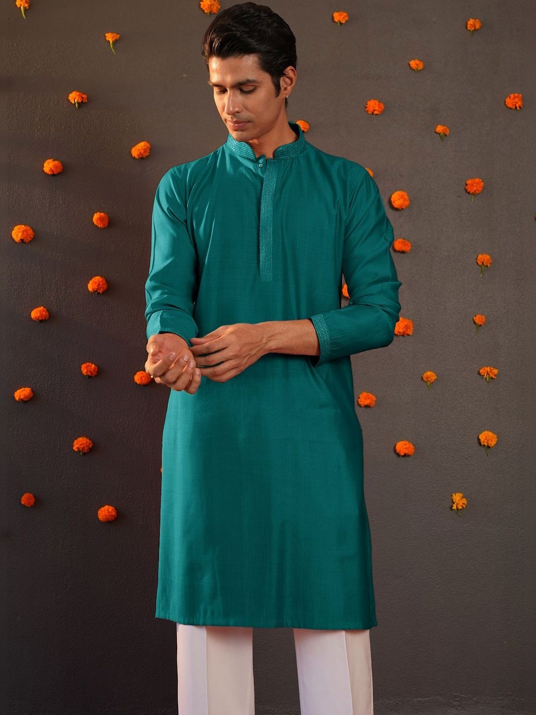 Anouk Men Button Patti Embroidery Straight Kurta