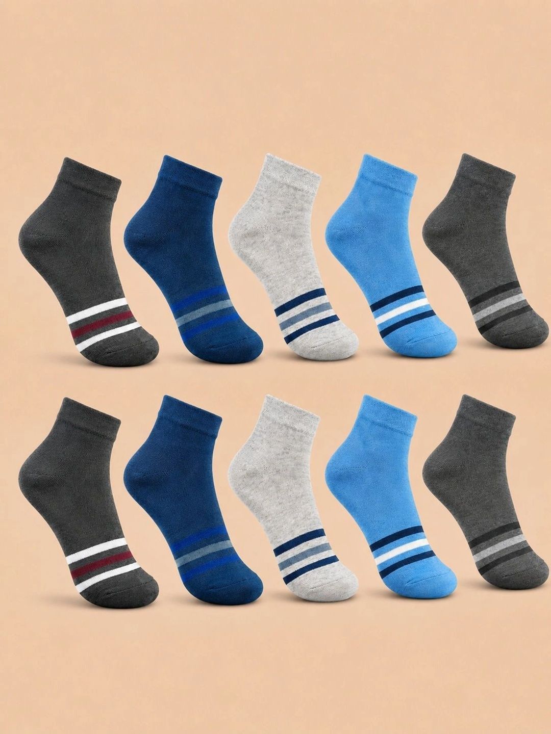 ADDOSSO Men Pack of 10 Cotton Assorted Striped Ankle Length Socks