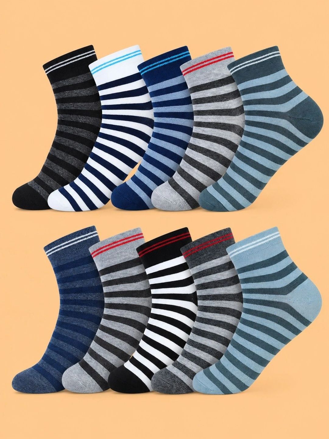 ADDOSSO Men Pack of 10 Cotton Assorted Striped Ankle Length Socks