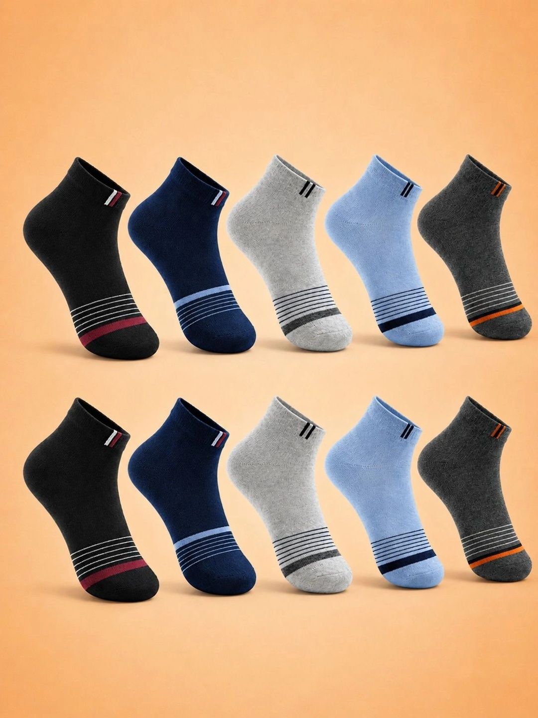 ADDOSSO Men Pack of 10 Cotton Assorted Striped Ankle Length Socks