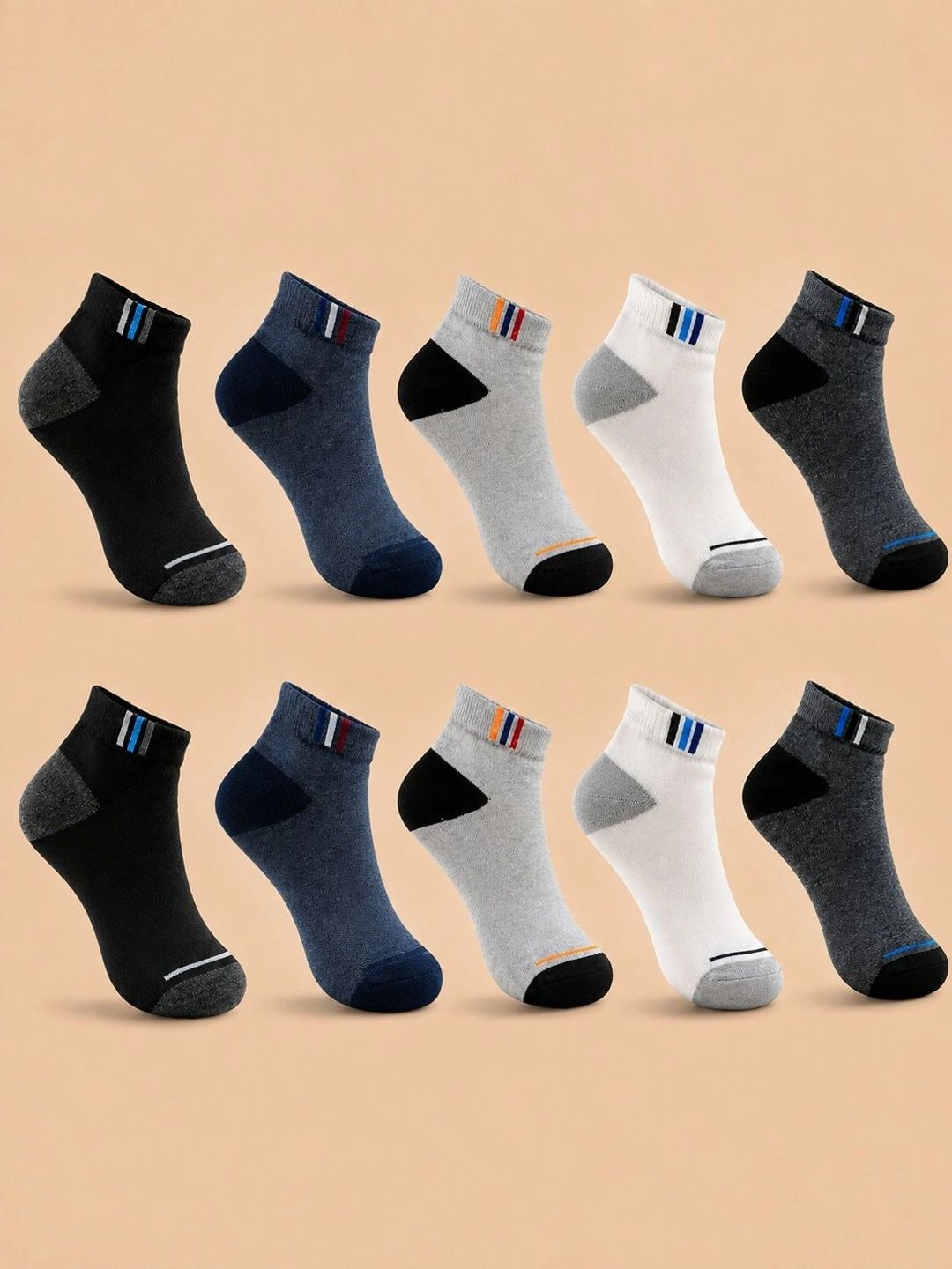 ADDOSSO Men Pack of 10 Cotton Assorted Colourblocked Ankle Length Socks