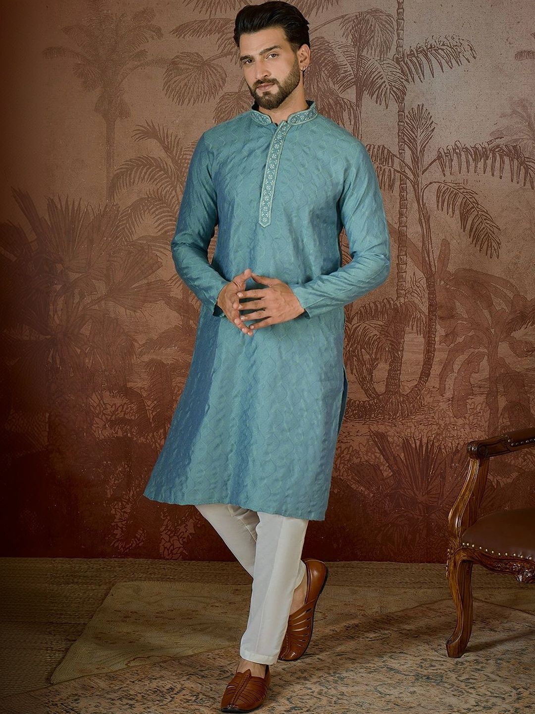House of Pataudi Men Thread Work Jacquard Kurta