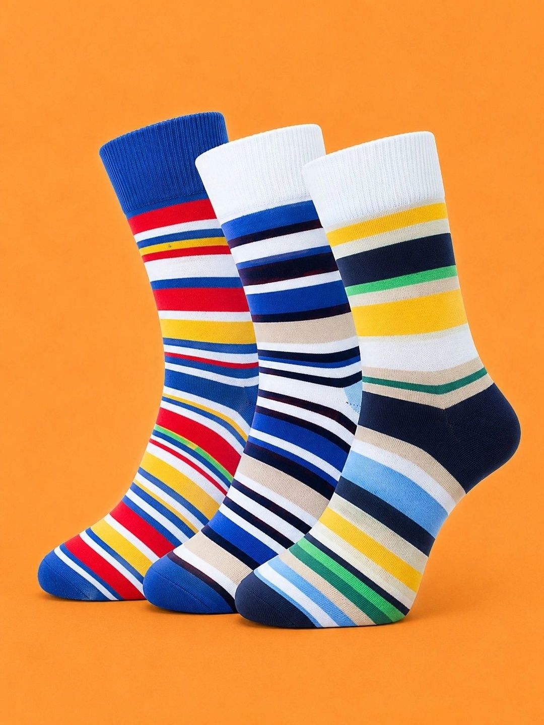 ADDOSSO Men Pack of 3 Cotton Assorted Striped Calf Length Socks