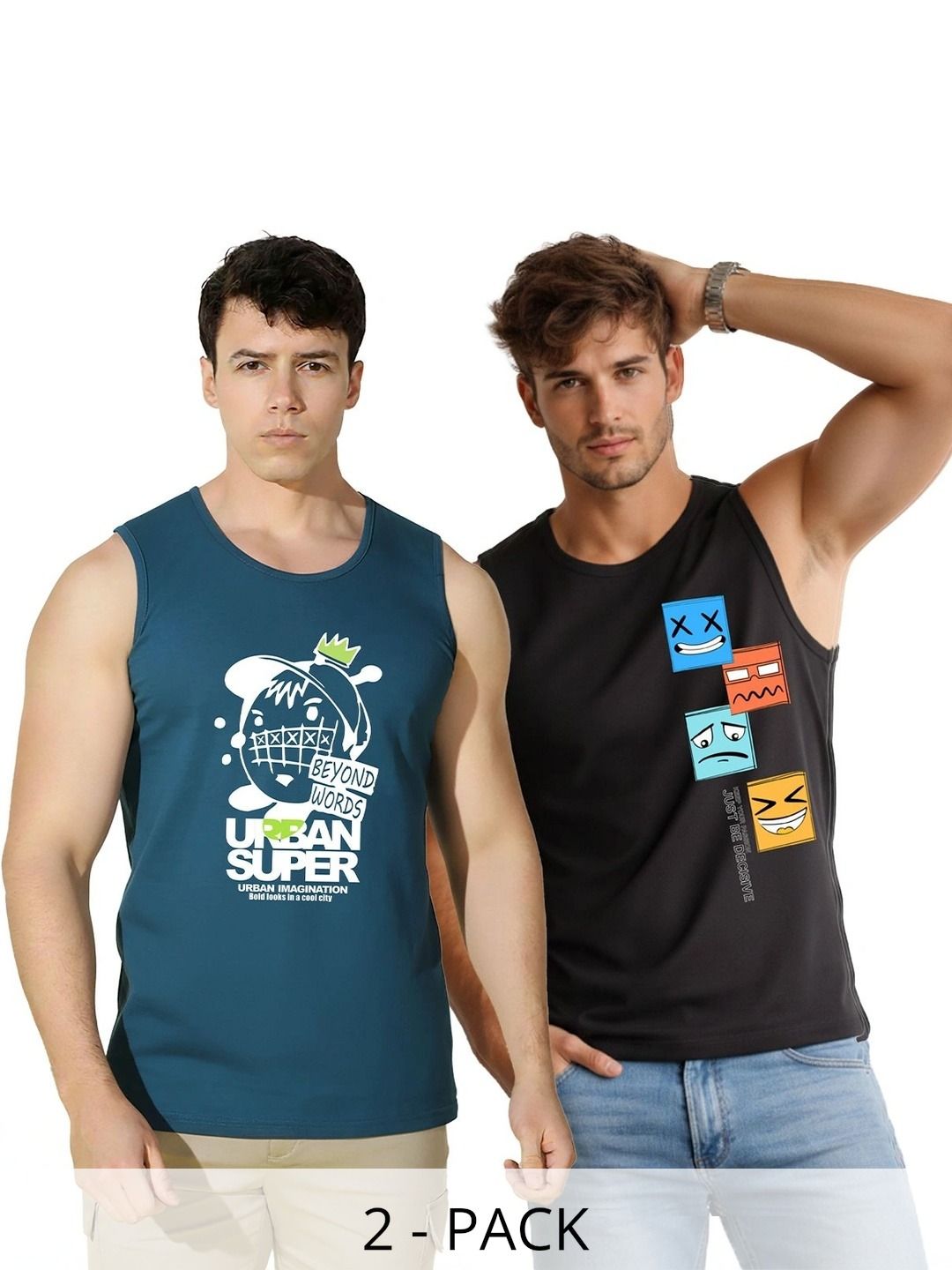CRYPTIC Men Pack of 2  Sleeveless  Round Neck Casual   Printed T-shirt
