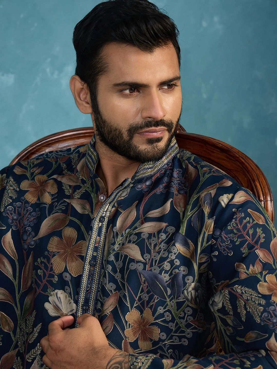 House of Pataudi Men Floral Printed Thread Work Floral Kurta
