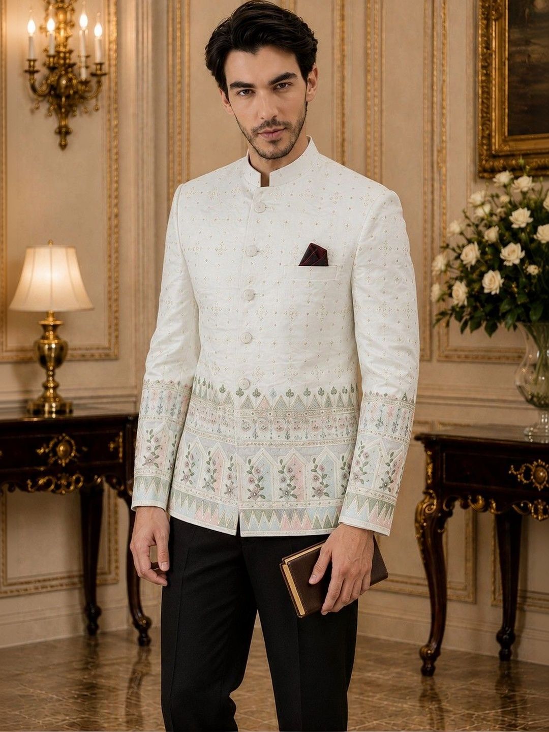 House of Pataudi Printed Mandarin Collar Jodhpuri Blazers