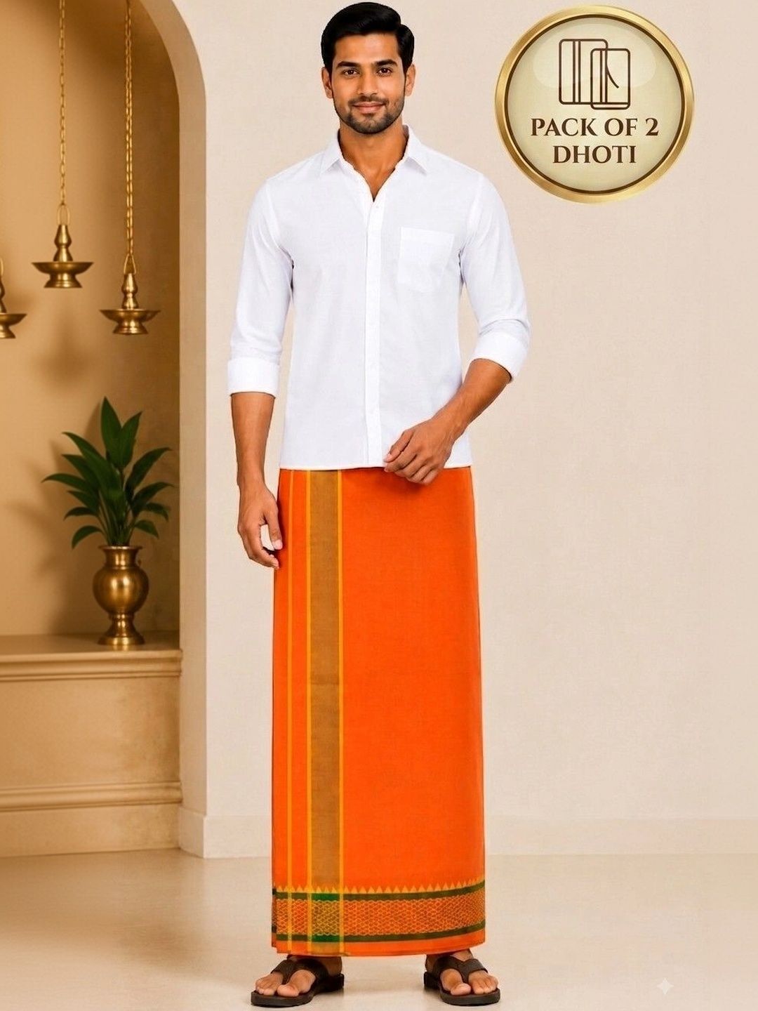 Tharunsha Elite Men Pack of 2 Striped Cotton Dhoti Dhotis