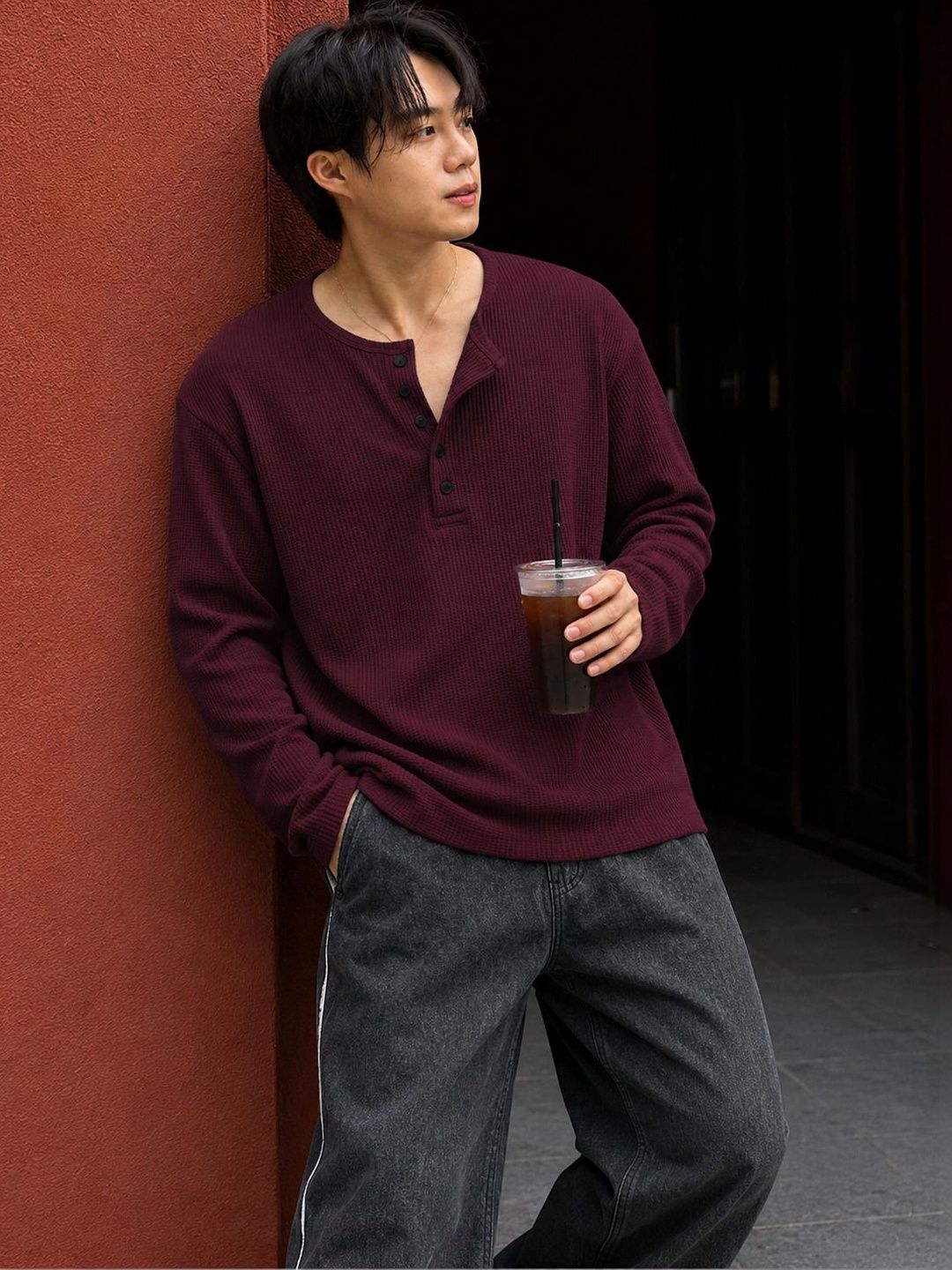 HOODLER Men Henley Neck T-shirt