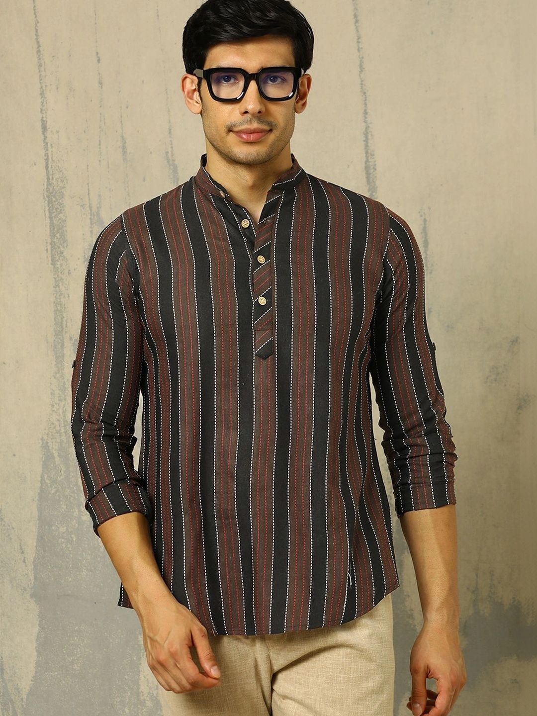 Anouk Woven Design Striped Cotton Handloom Mandarin Collar Short Kurta