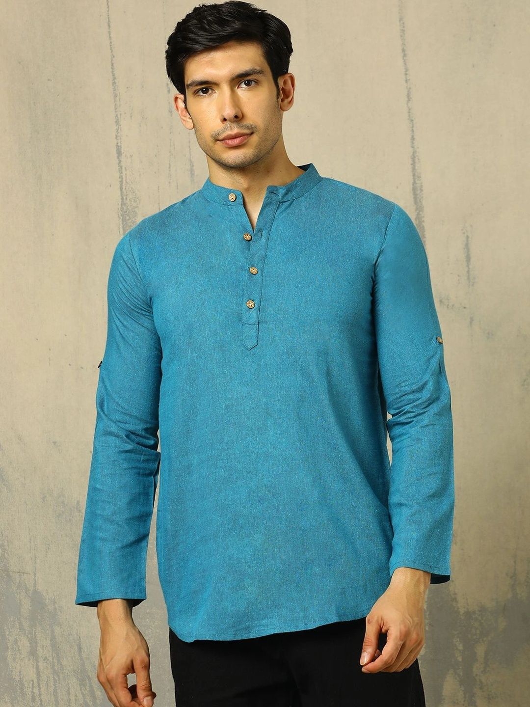 Anouk Woven Design Solid Cotton Handloom Mandarin Collar Short Kurta