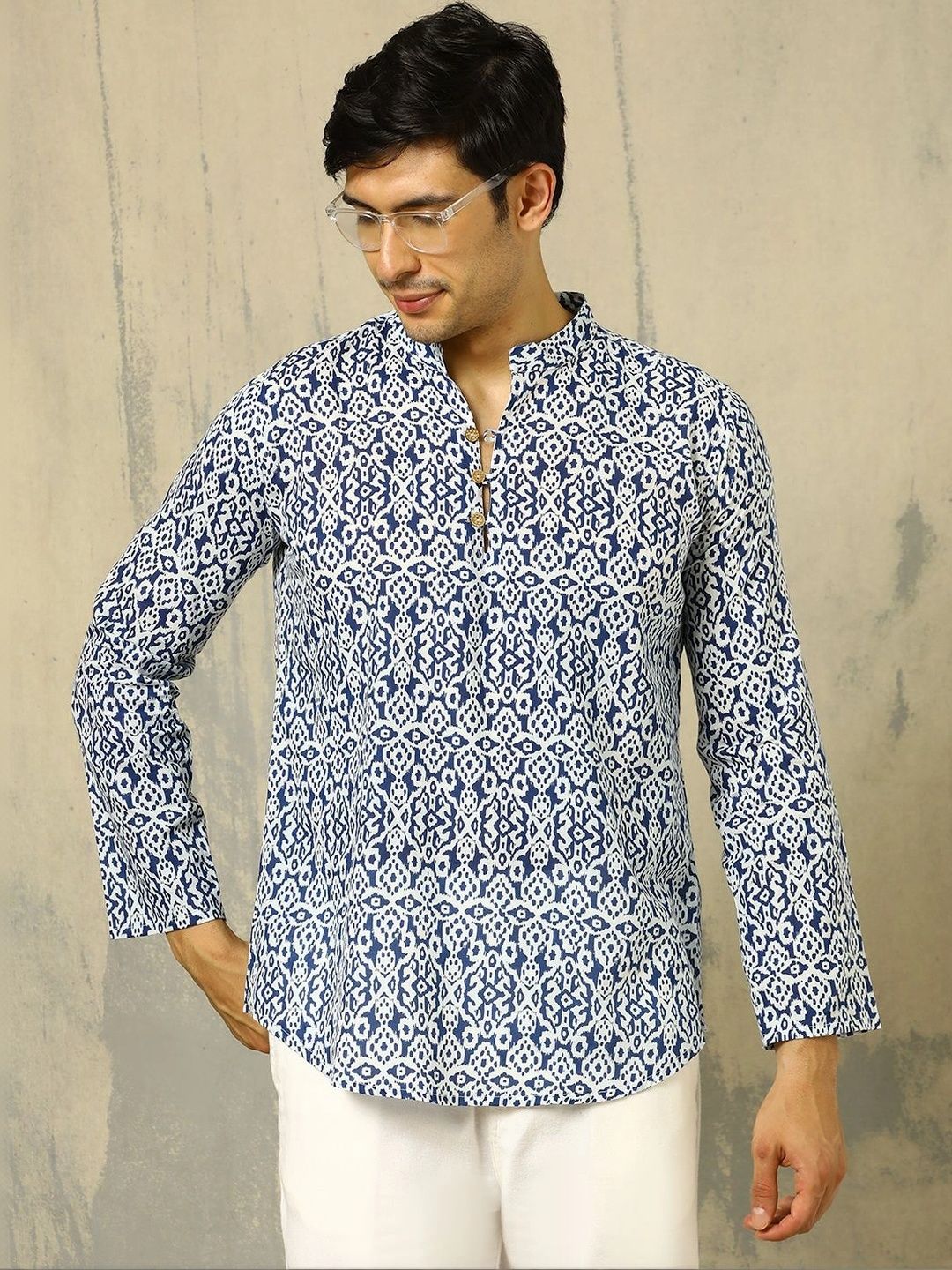 Anouk Printed Cotton Mandarin Collar Short Kurta
