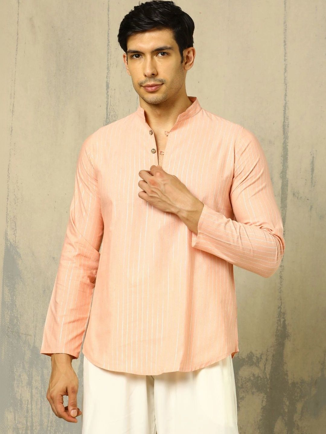 Anouk Woven Design Solid Cotton Handloom Mandarin Collar Short Kurta