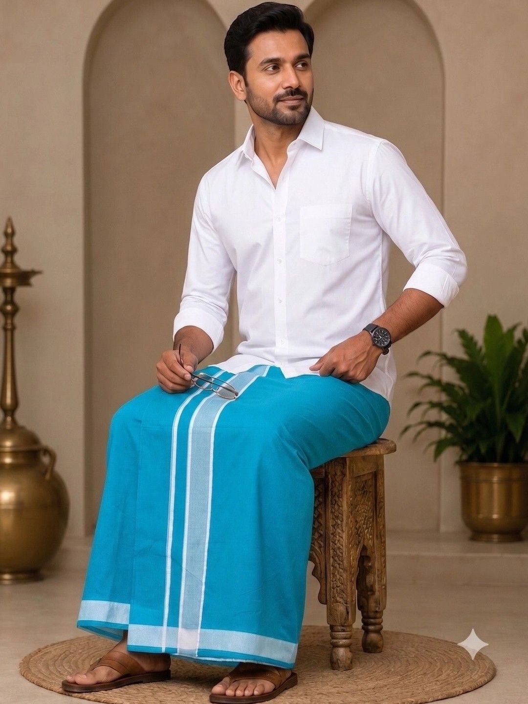 Tharunsha Elite Men Striped Cotton Dhoti Dhotis