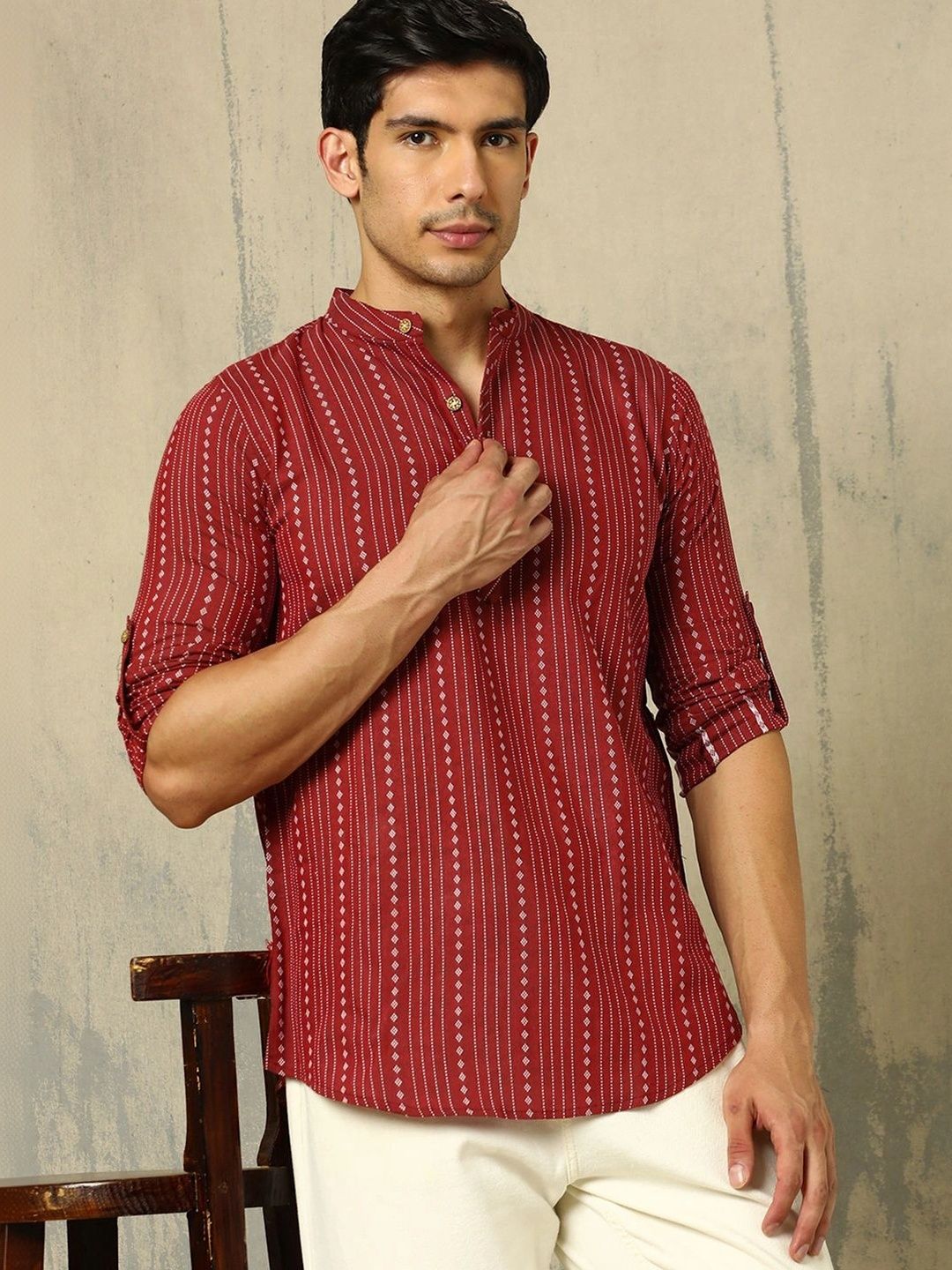 Anouk Woven Design Abstract Cotton Handloom Mandarin Collar Short Kurta