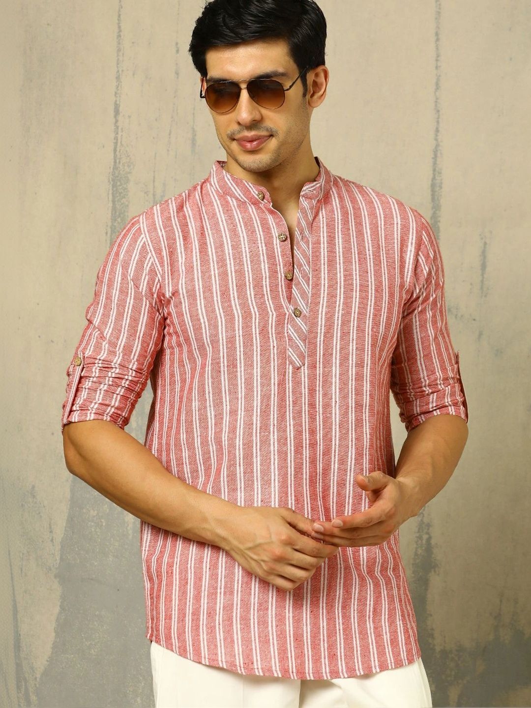 Anouk Woven Design Striped Cotton Handloom Mandarin Collar Short Kurta