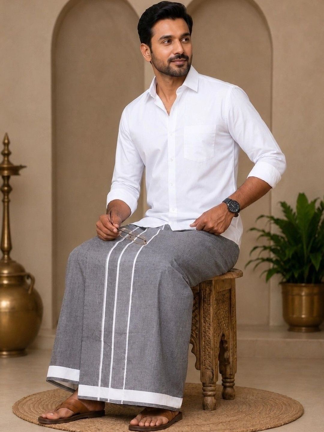 Tharunsha Elite Men Striped Cotton Dhoti Dhotis