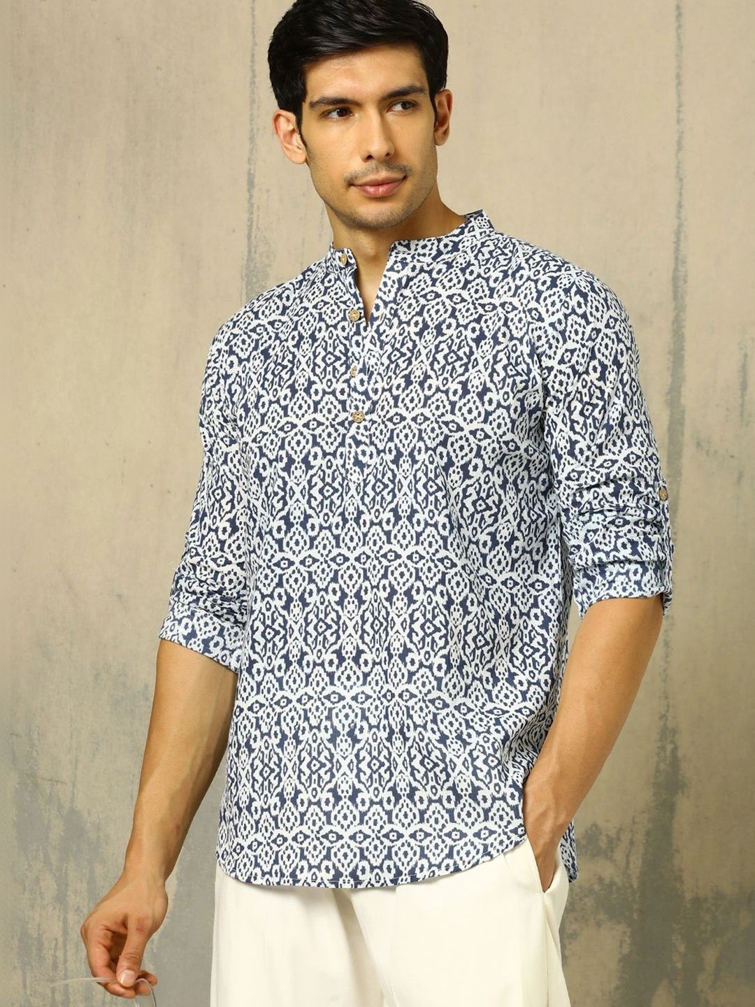 Anouk Printed Cotton Mandarin Collar Short Kurta