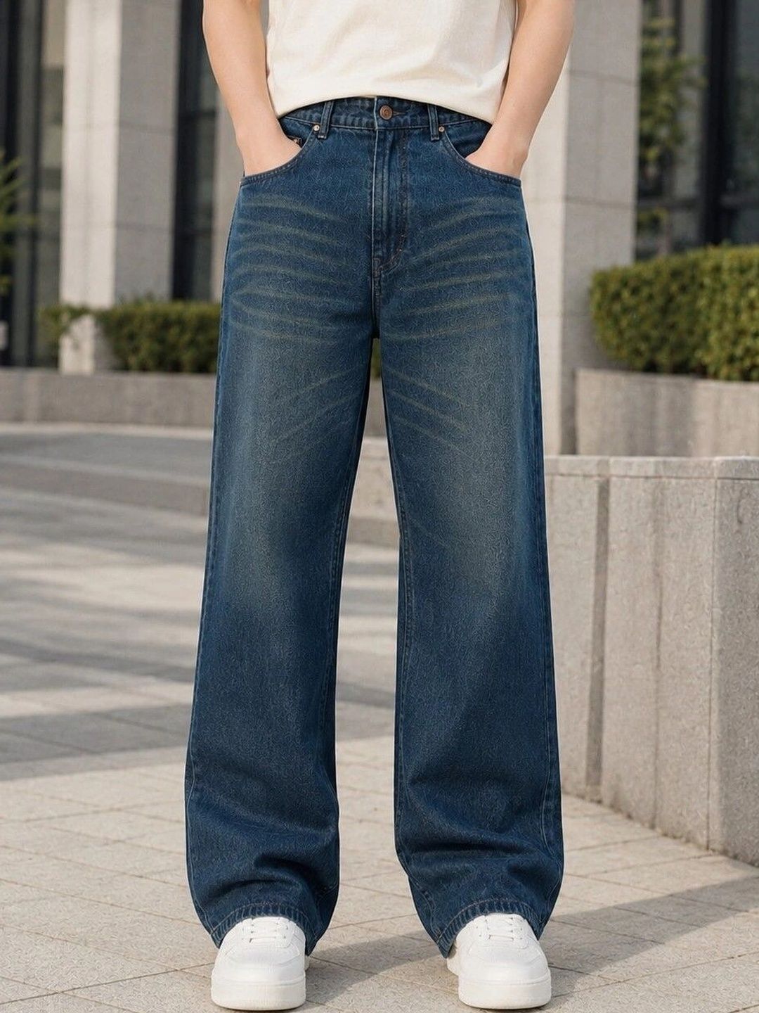 Encrypt Men Wide Leg Mid-Rise Acid Wash Jeans