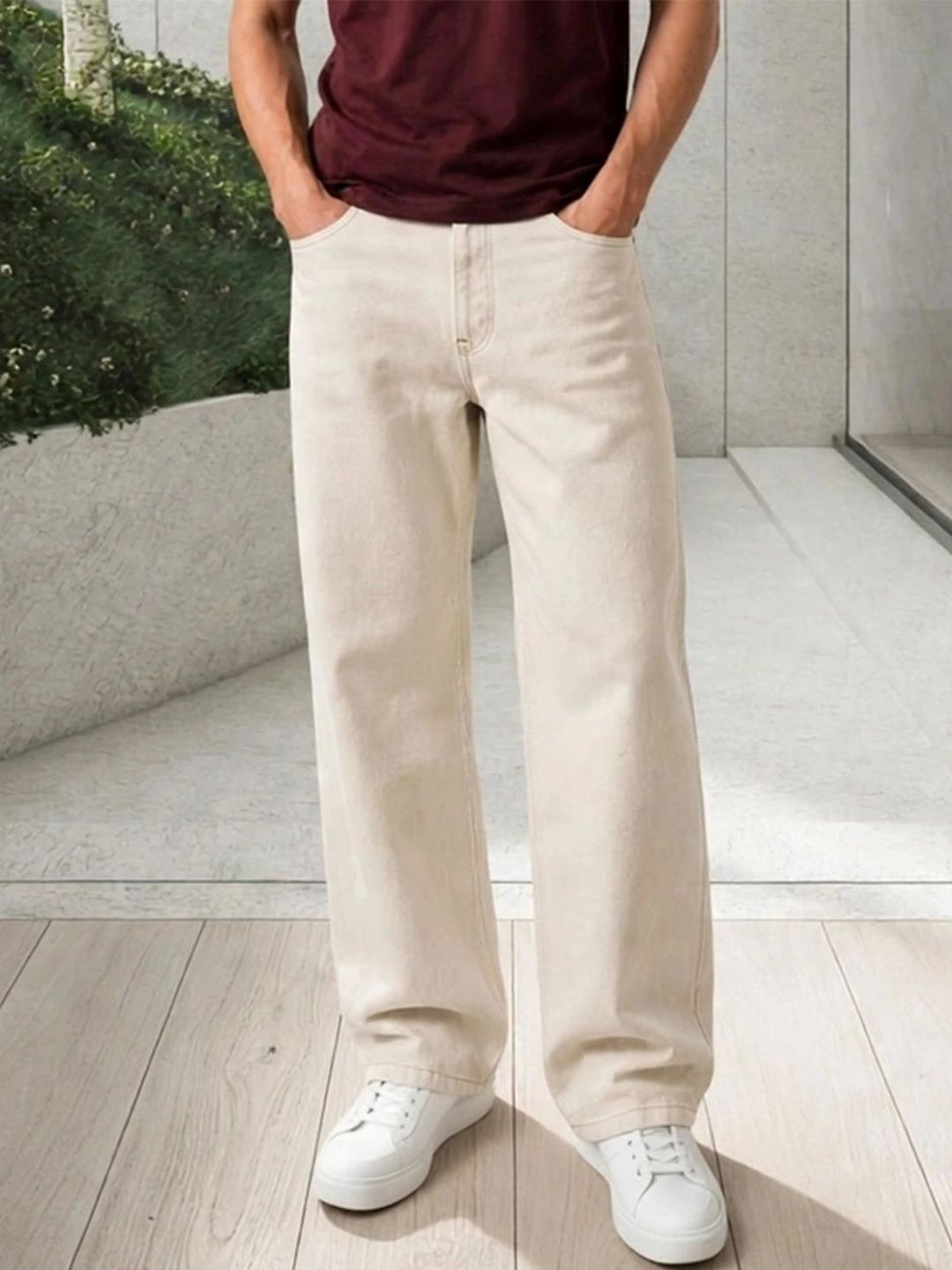 HERE&NOW Men's Solid Beige Mid-Rise Wide-Leg Jeans with Contrast Stitching