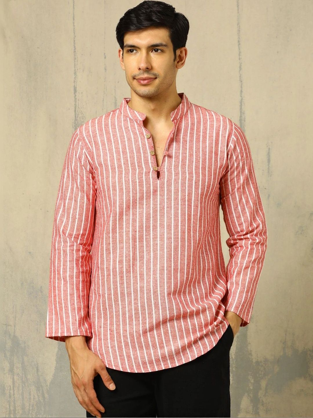 Anouk Woven Design Striped Cotton Handloom Mandarin Collar Short Kurta