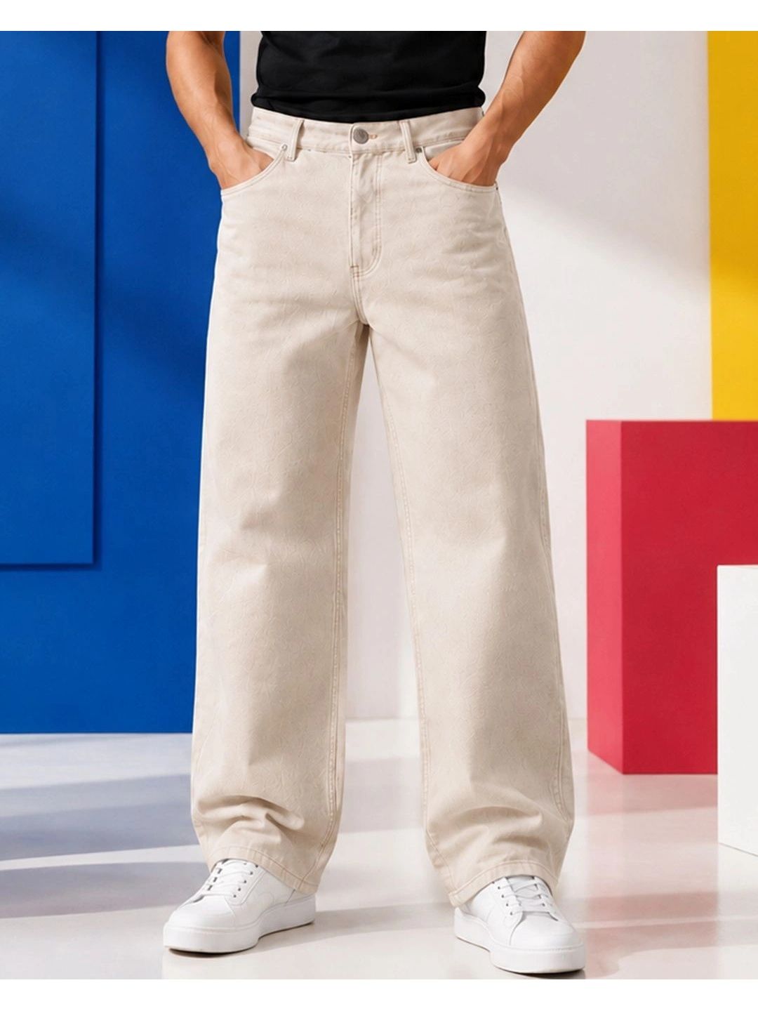 HERE&NOW Men's Solid Light Beige Wash Wide-Leg Fit Jeans