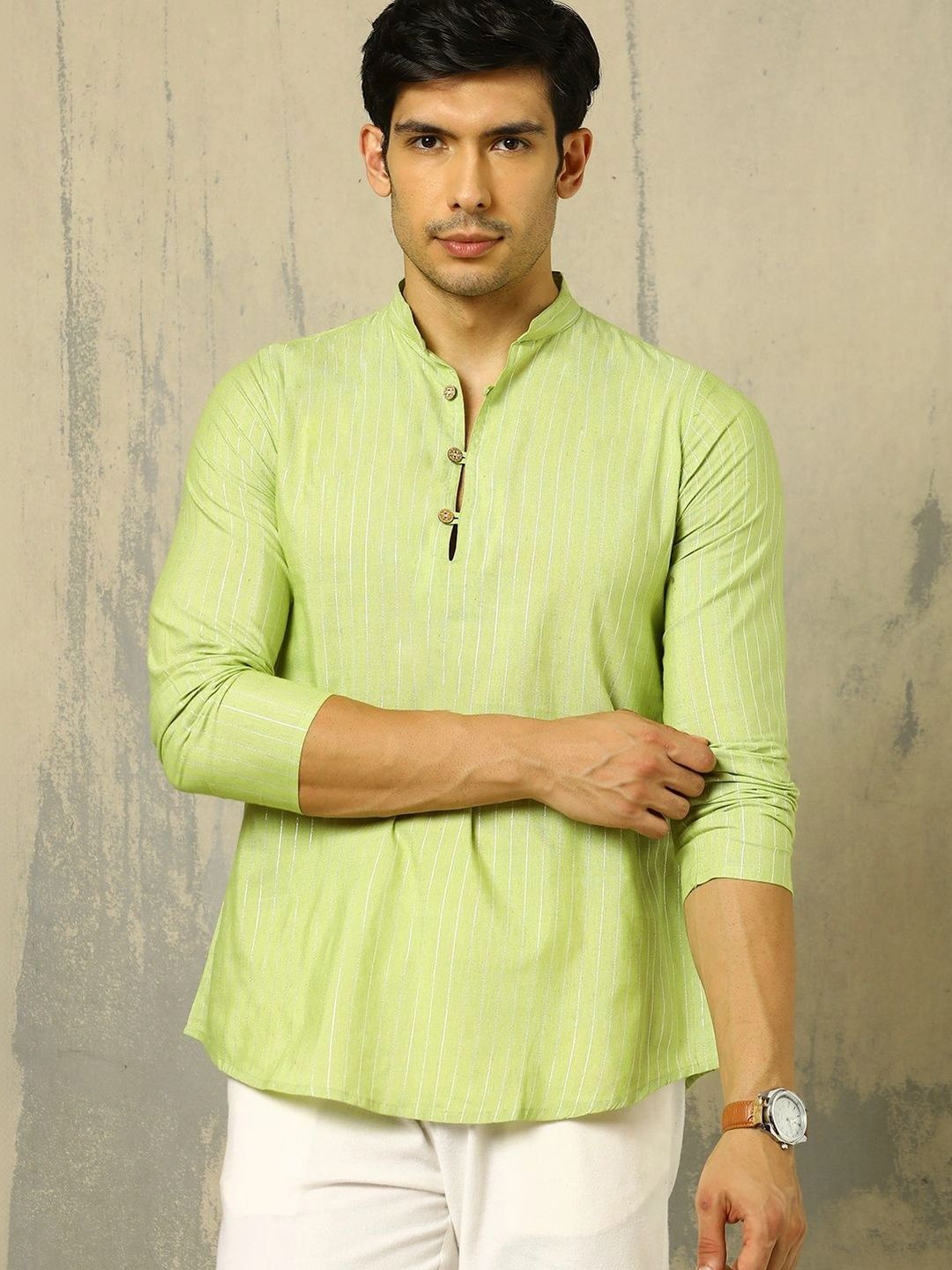 Anouk Woven Design Solid Cotton Handloom Mandarin Collar Short Kurta