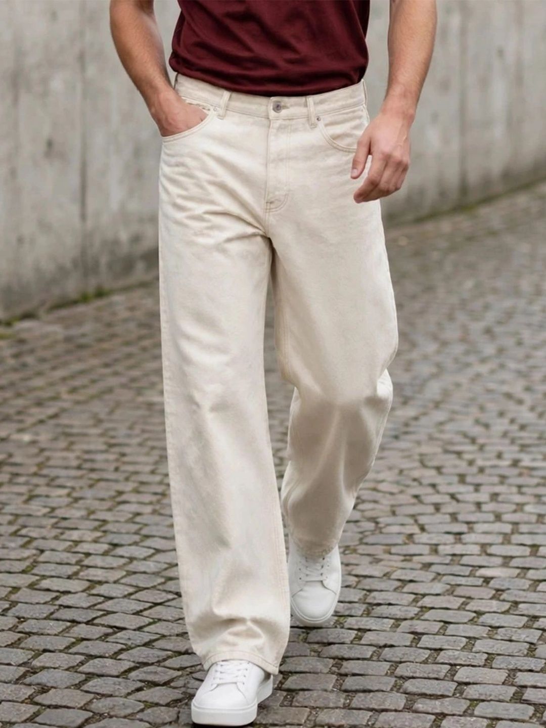 HERE&NOW Men's Beige Mid-Rise Wide-Leg Jeans
