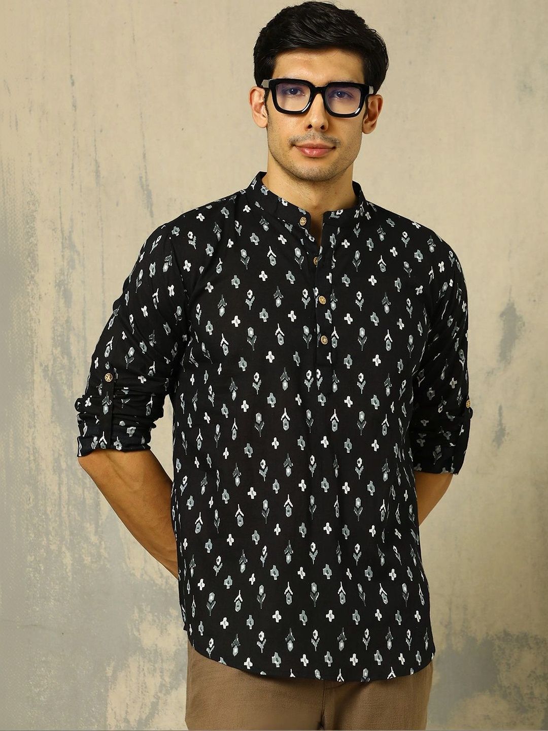 Anouk Printed Cotton Mandarin Collar Short Kurta