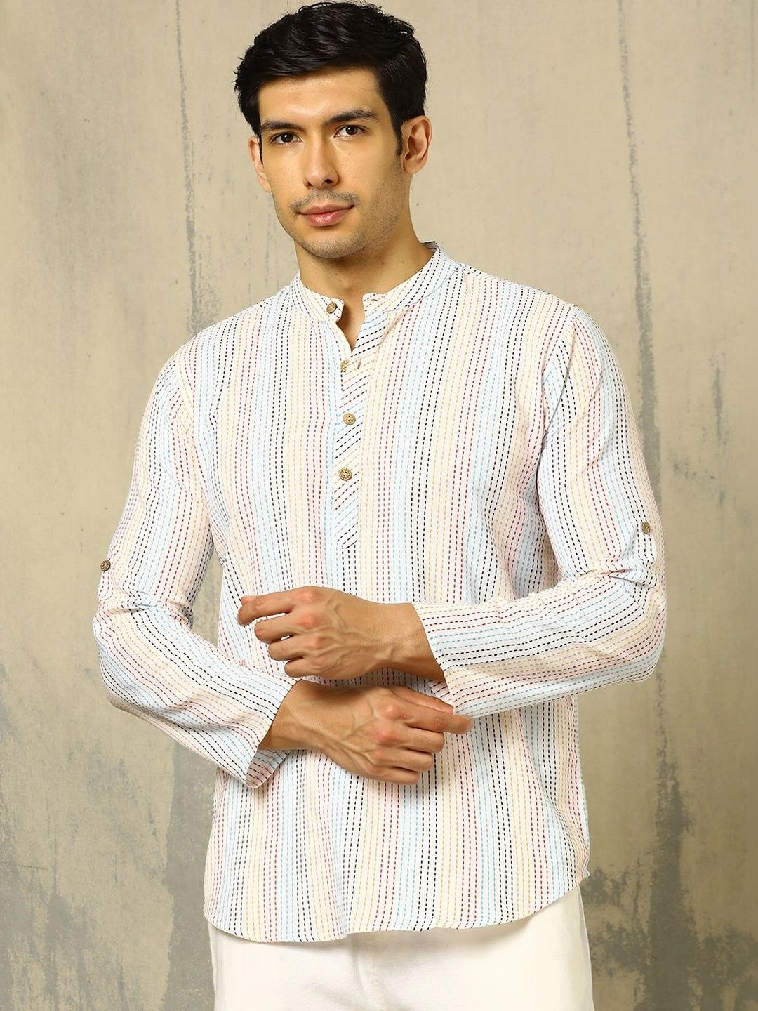 Anouk Woven Design Striped Cotton Handloom Mandarin Collar Short Kurta