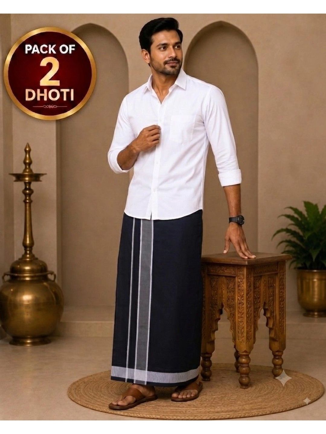 Tharunsha Elite Men Striped Cotton Dhoti Dhotis