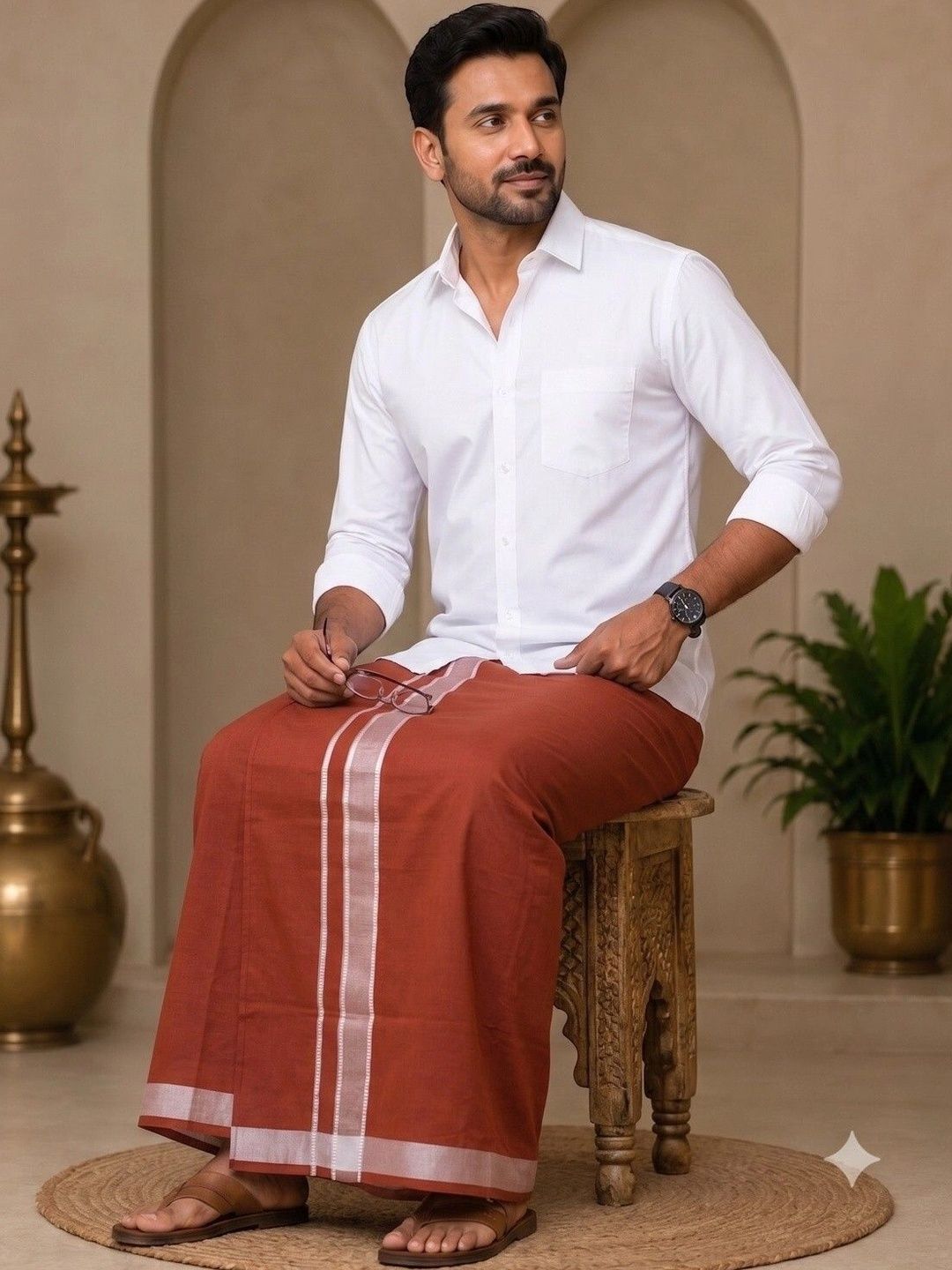 Tharunsha Elite Men Striped Cotton Dhoti Dhotis