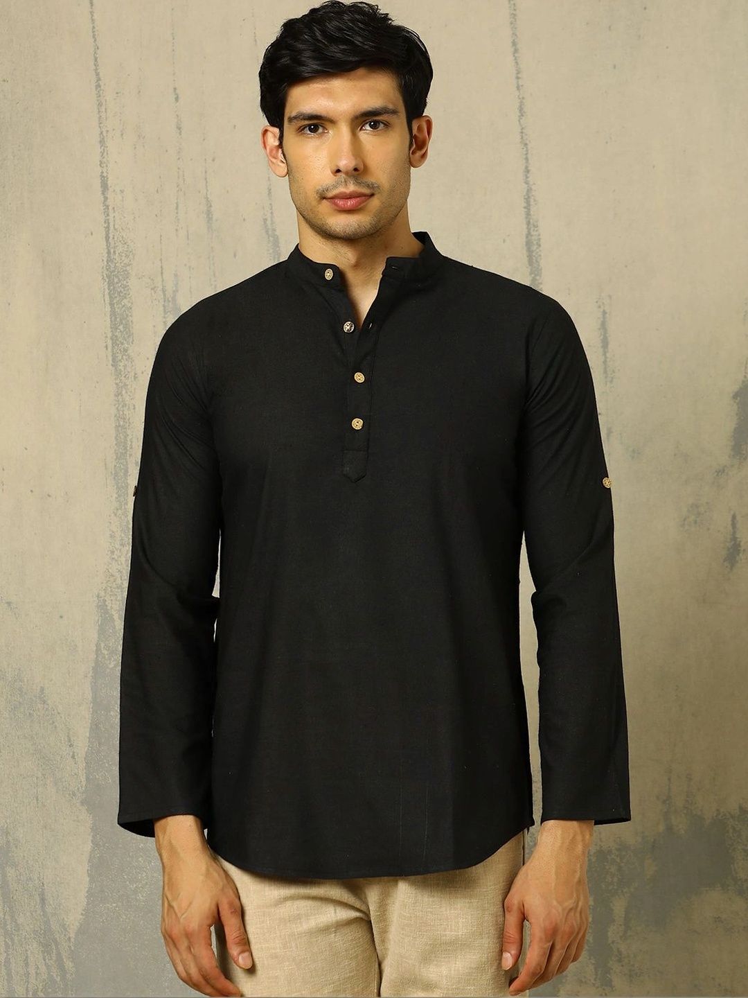 Anouk Woven Design Solid Cotton Handloom Mandarin Collar Short Kurta