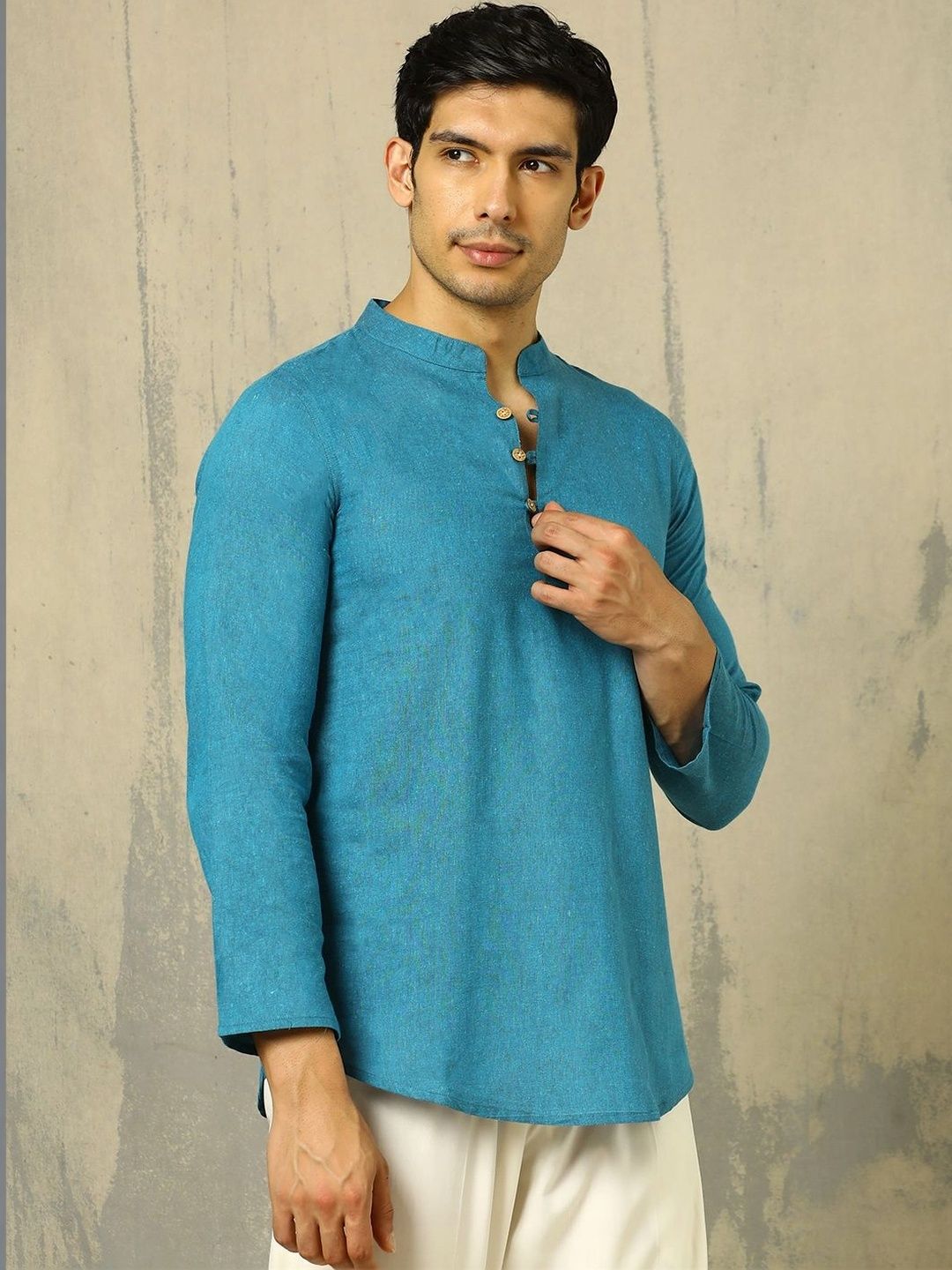 Anouk Woven Design Solid Cotton Handloom Mandarin Collar Short Kurta